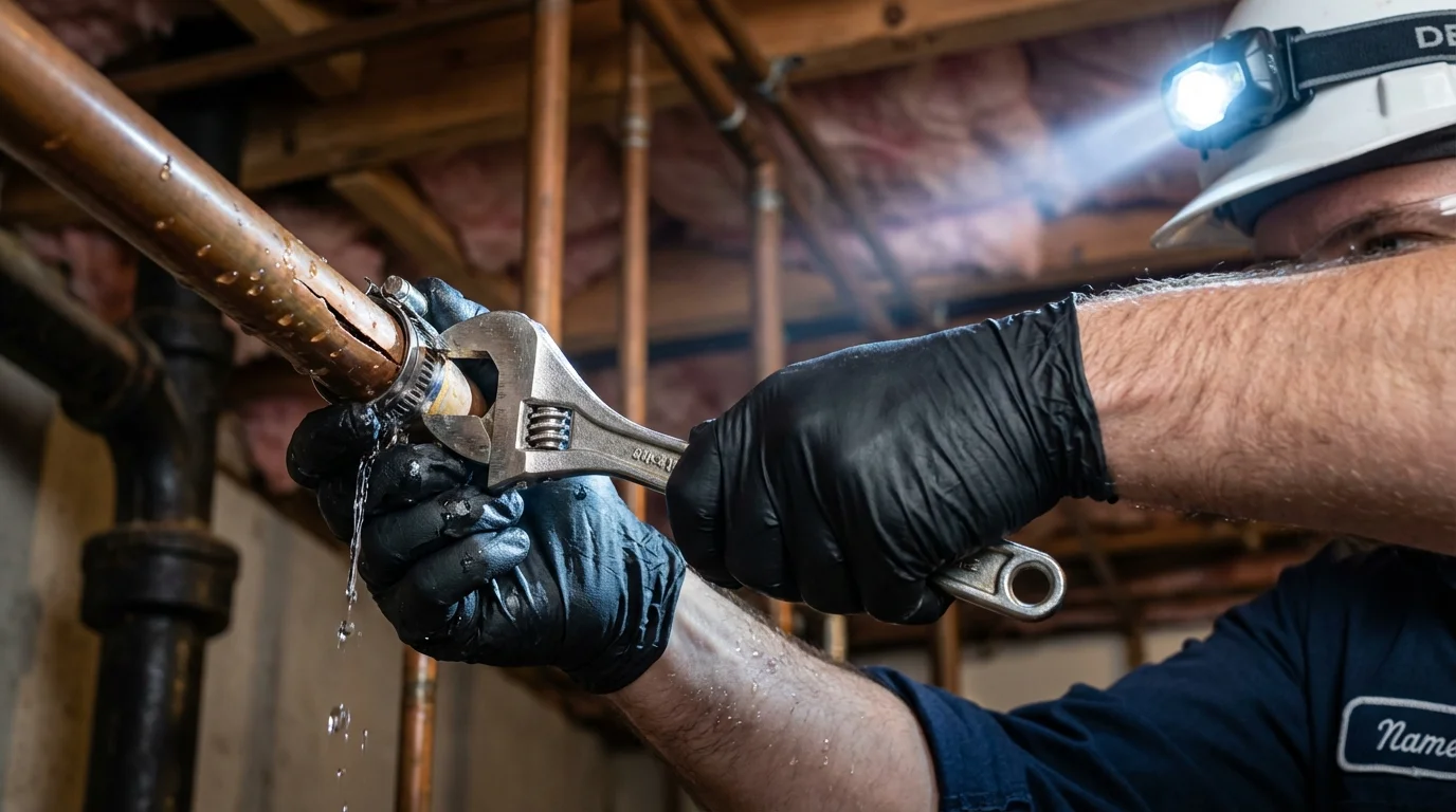 Emergency pipe clamp repair being performed by a Johns Plumbing LLC plumber in Port Chester