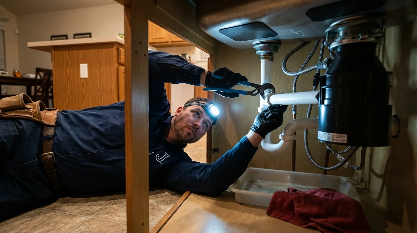 P-trap and supply line connections under a kitchen sink showing a common leak point in Port Chester, NY